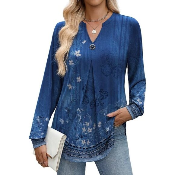 Tops - Womens Long Sleeve V Neck Tunic Top Polyester Spandex Dressy Casual Blouses